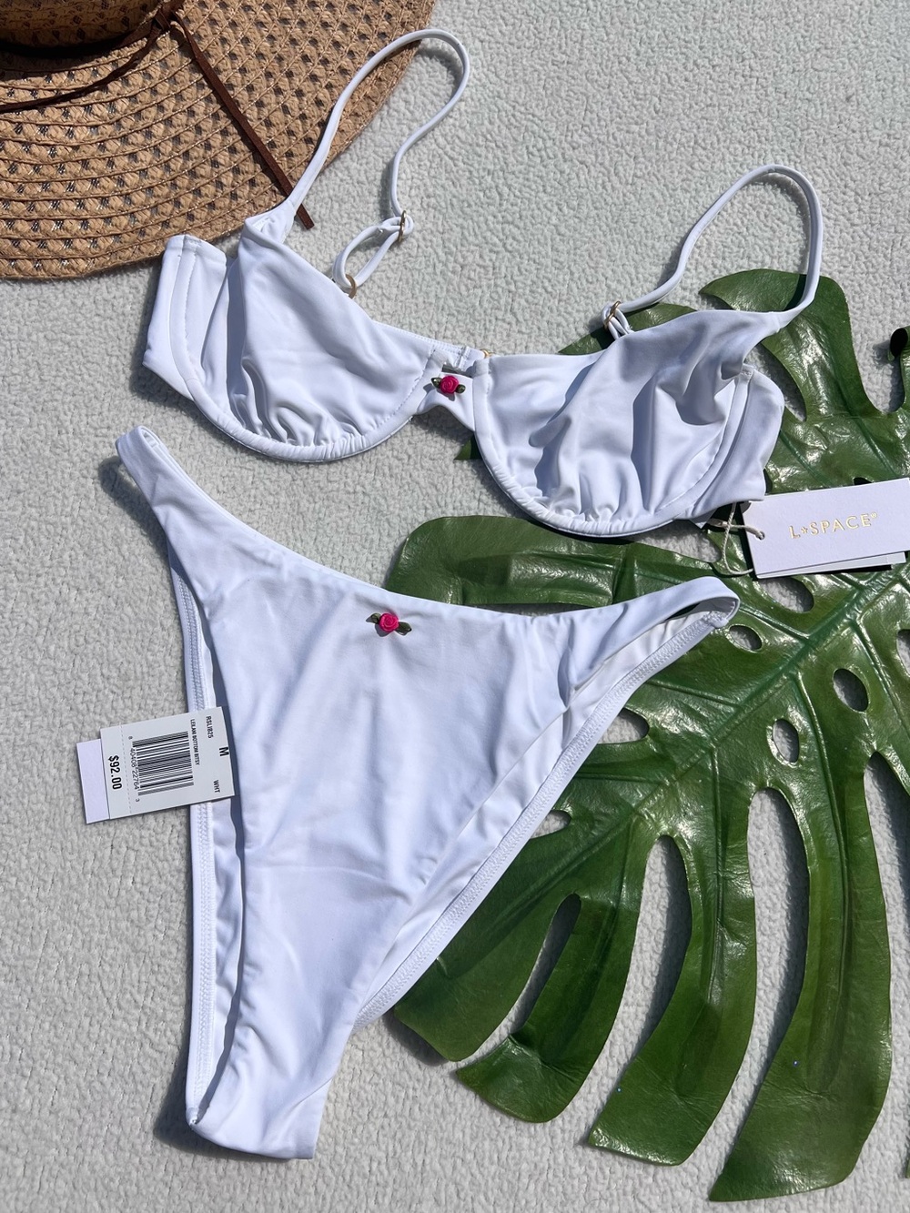 L*Space Belle Bikini Top + Leilani Bitsy Bottom Set White Rose Trim NWT Medium - Picture 4 of 10
